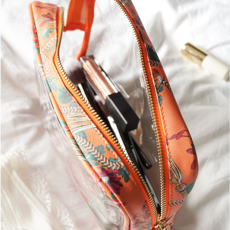 Clear Beauty Case | Golden Tassel - Solar Orange - Great for Travelers!