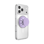 Lilac PopSockets Low-Pro phone grip extended on the back of an iPhone in a clear case.
