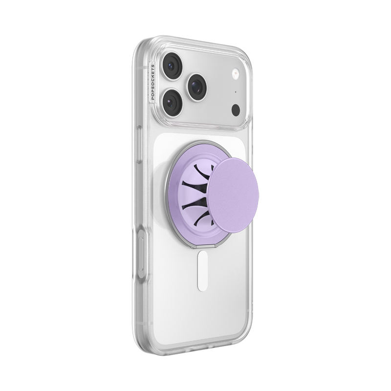 Lilac PopSockets Low-Pro phone grip extended on the back of an iPhone in a clear case.
