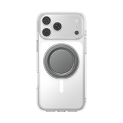Straight rear view of a clear iPhone case with the Gunmetal PopSockets Low-Pro grip collapsed.