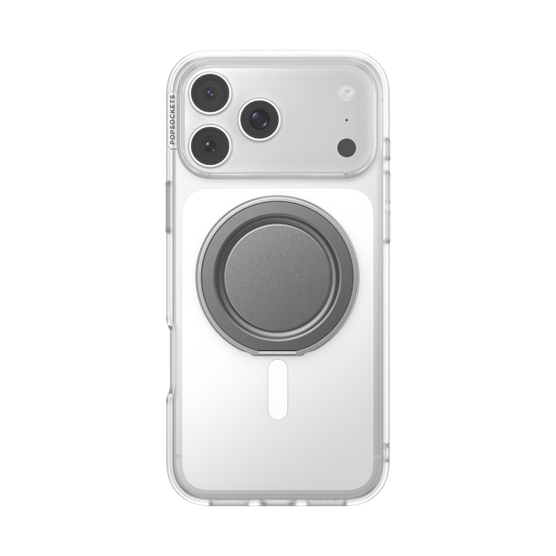 Straight rear view of a clear iPhone case with the Gunmetal PopSockets Low-Pro grip collapsed.