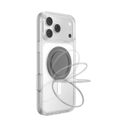Gunmetal Low-Pro grip attached to a clear iPhone case, showing the kickstand ring in multiple positions.
