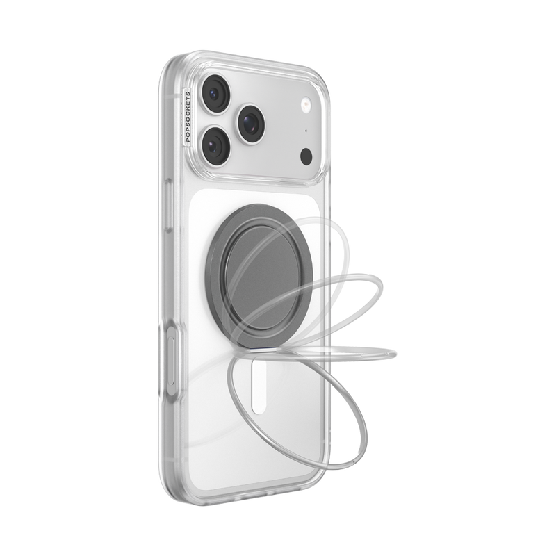 Gunmetal Low-Pro grip attached to a clear iPhone case, showing the kickstand ring in multiple positions.