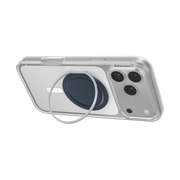 iPhone propped in landscape orientation using the silver ring stand on the navy PopSockets Low-Pro grip.