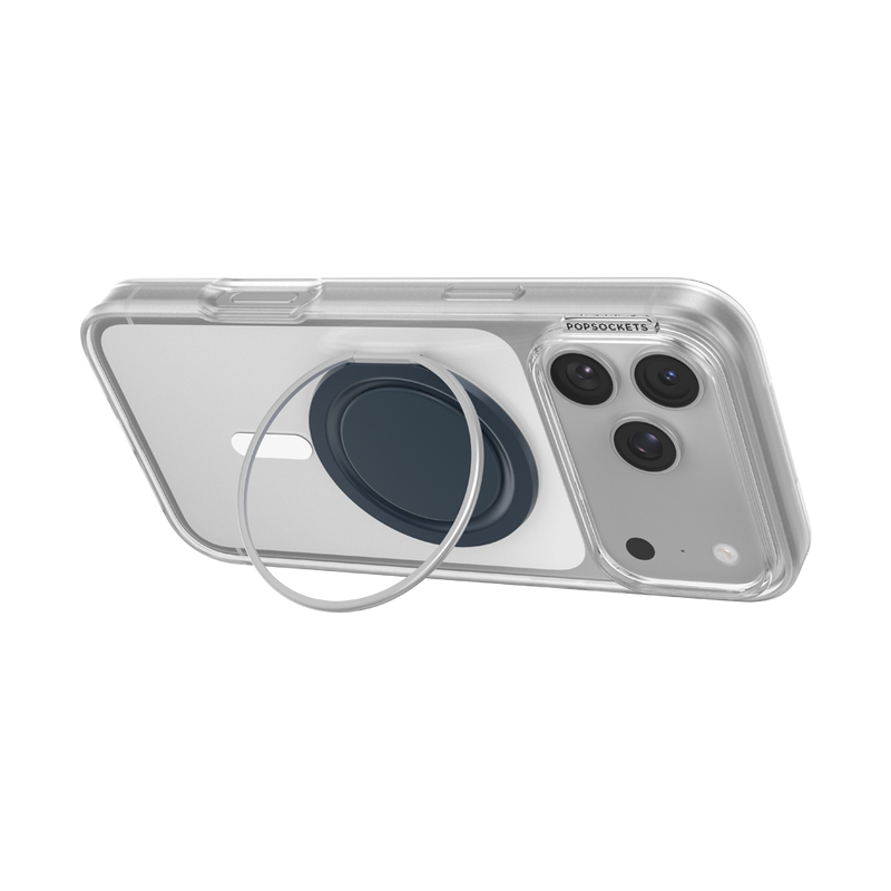 iPhone propped in landscape orientation using the silver ring stand on the navy PopSockets Low-Pro grip.