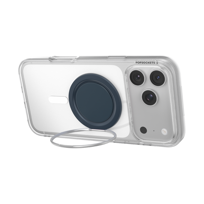 iPhone in landscape orientation with a navy PopSockets Low-Pro grip and silver kickstand extended at a low angle.