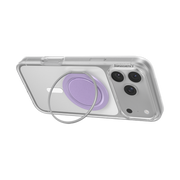 iPhone propped in landscape orientation with the Lilac Low-Pro grip and kickstand ring opened upright.