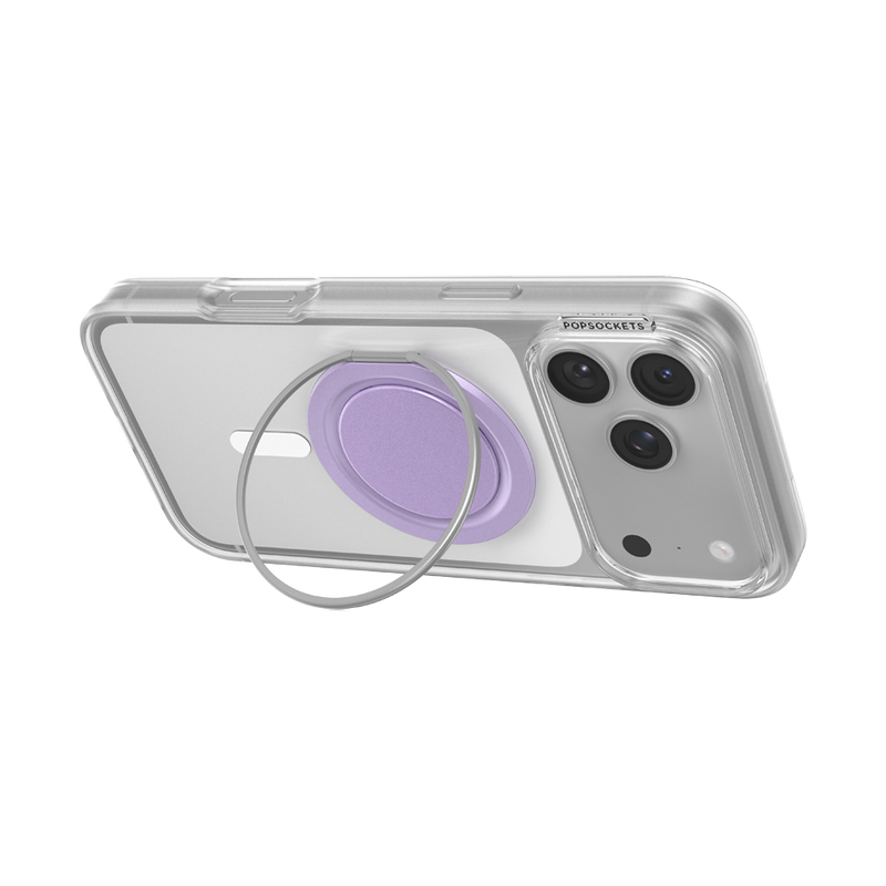 iPhone propped in landscape orientation with the Lilac Low-Pro grip and kickstand ring opened upright.