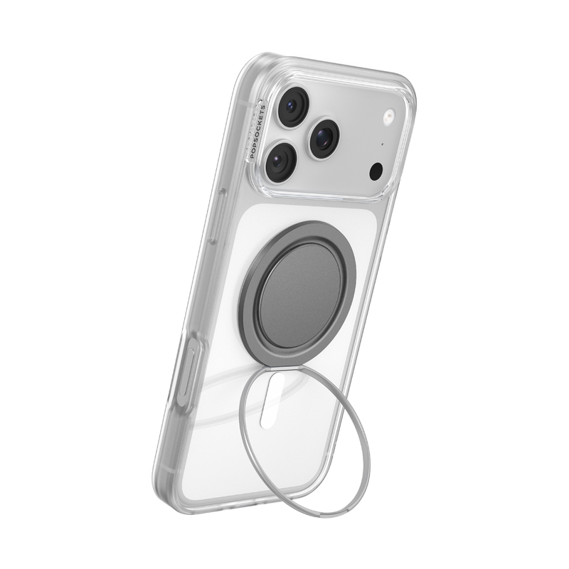 iPhone standing upright in portrait orientation with the Gunmetal Low-Pro kickstand ring extended.