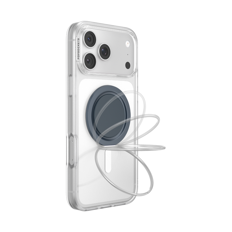 Navy PopSockets Low-Pro grip on a clear iPhone case, showing multiple kickstand angles.