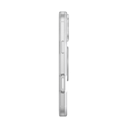 Side view of an iPhone in a clear case showing the slim Gunmetal Low-Pro grip folded against the back.