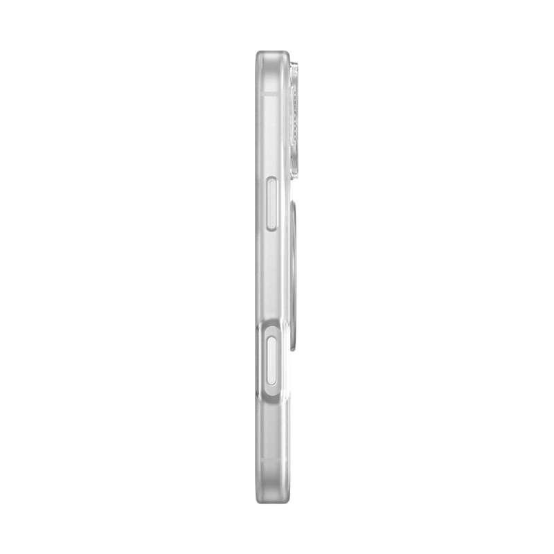 Side view of an iPhone in a clear case showing the slim Gunmetal Low-Pro grip folded against the back.