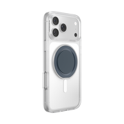 Angled rear view of an iPhone in a clear case with the navy PopSockets Low-Pro grip folded flat.