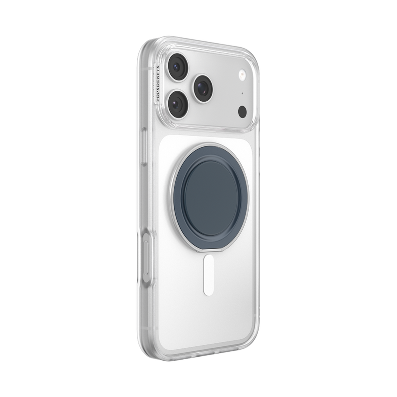 Angled rear view of an iPhone in a clear case with the navy PopSockets Low-Pro grip folded flat.
