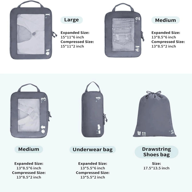 5-Set Compression Packing Cubes — Travel Organizer Bags for Suitcases