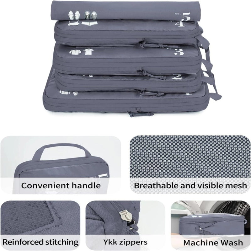5-Set Compression Packing Cubes — Travel Organizer Bags for Suitcases