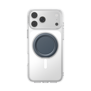 Straight-on rear view of an iPhone in a clear MagSafe case with the navy PopSockets Low-Pro grip folded flat.