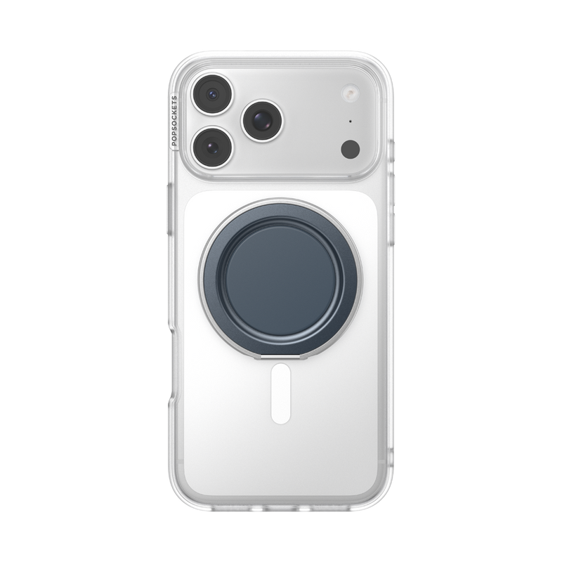 Straight-on rear view of an iPhone in a clear MagSafe case with the navy PopSockets Low-Pro grip folded flat.