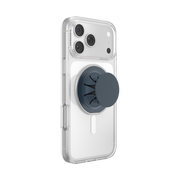 Expanded navy PopSockets Low-Pro phone grip attached to the back of a clear iPhone case.