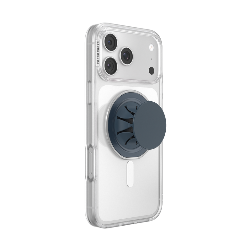 Expanded navy PopSockets Low-Pro phone grip attached to the back of a clear iPhone case.