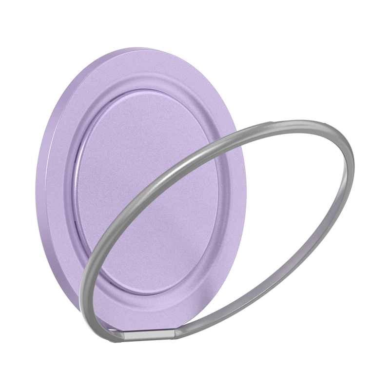 Lilac PopSockets Low-Pro grip with the silver-colored outer kickstand ring flipped open.