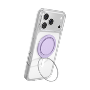iPhone propped upright in portrait orientation using the Lilac Low-Pro grip and extended kickstand ring.