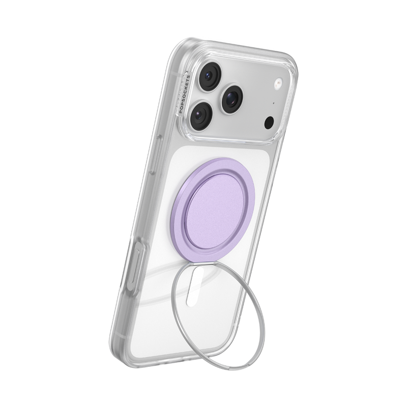 iPhone propped upright in portrait orientation using the Lilac Low-Pro grip and extended kickstand ring.