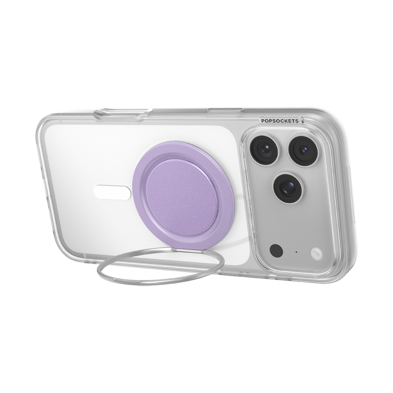 Rear view of an iPhone supported horizontally by the Lilac Low-Pro kickstand at a low angle.