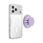 Extended Lilac PopSockets Low-Pro MagSafe grip beside an iPhone in a clear magnetic case.