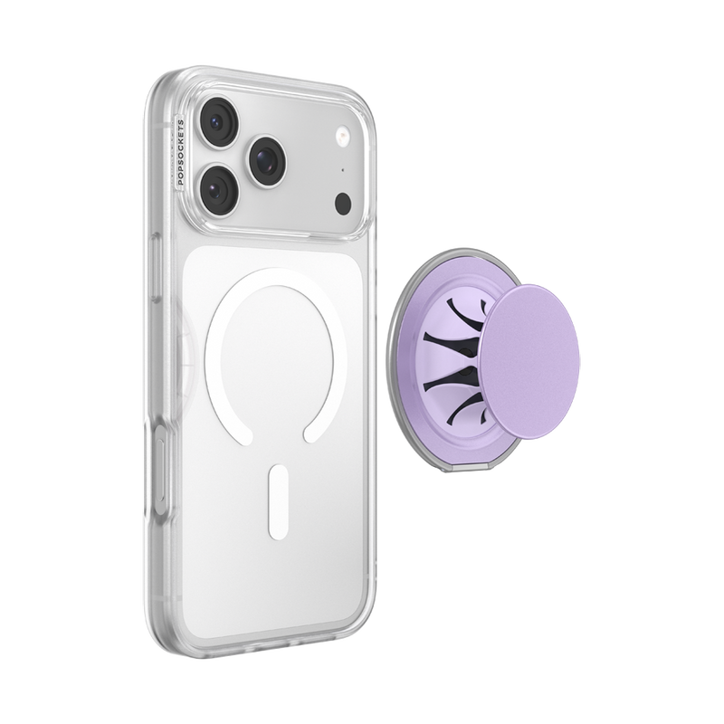 Extended Lilac PopSockets Low-Pro MagSafe grip beside an iPhone in a clear magnetic case.