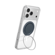 iPhone propped upright in portrait orientation with the navy PopSockets Low-Pro ring kickstand.