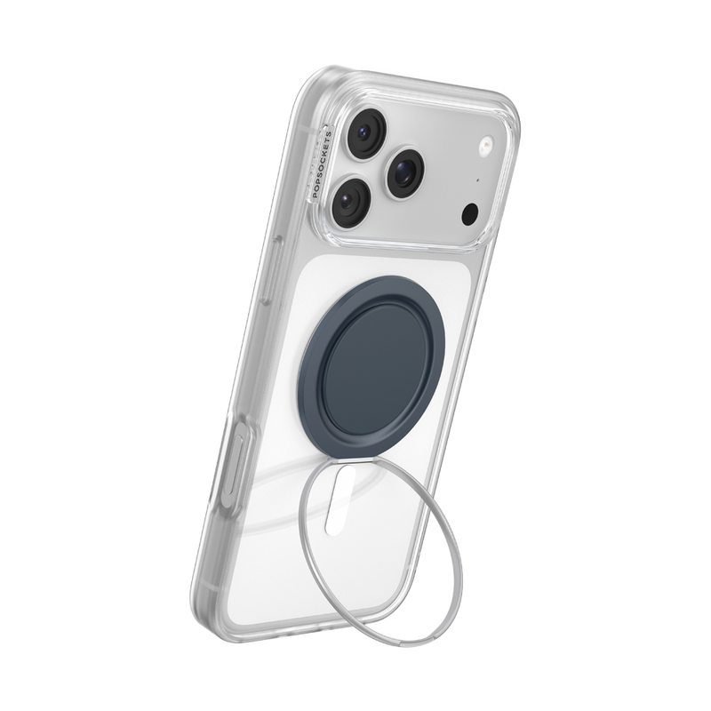 iPhone propped upright in portrait orientation with the navy PopSockets Low-Pro ring kickstand.