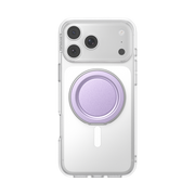 Straight rear view of an iPhone in a clear case with the Lilac Low-Pro grip collapsed.