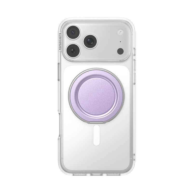 Straight rear view of an iPhone in a clear case with the Lilac Low-Pro grip collapsed.
