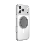 Angled rear view of a clear iPhone case with the Gunmetal Low-Pro grip folded flat.