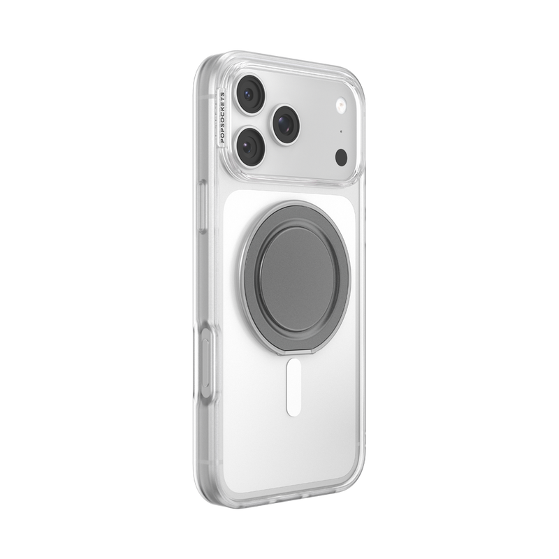 Angled rear view of a clear iPhone case with the Gunmetal Low-Pro grip folded flat.