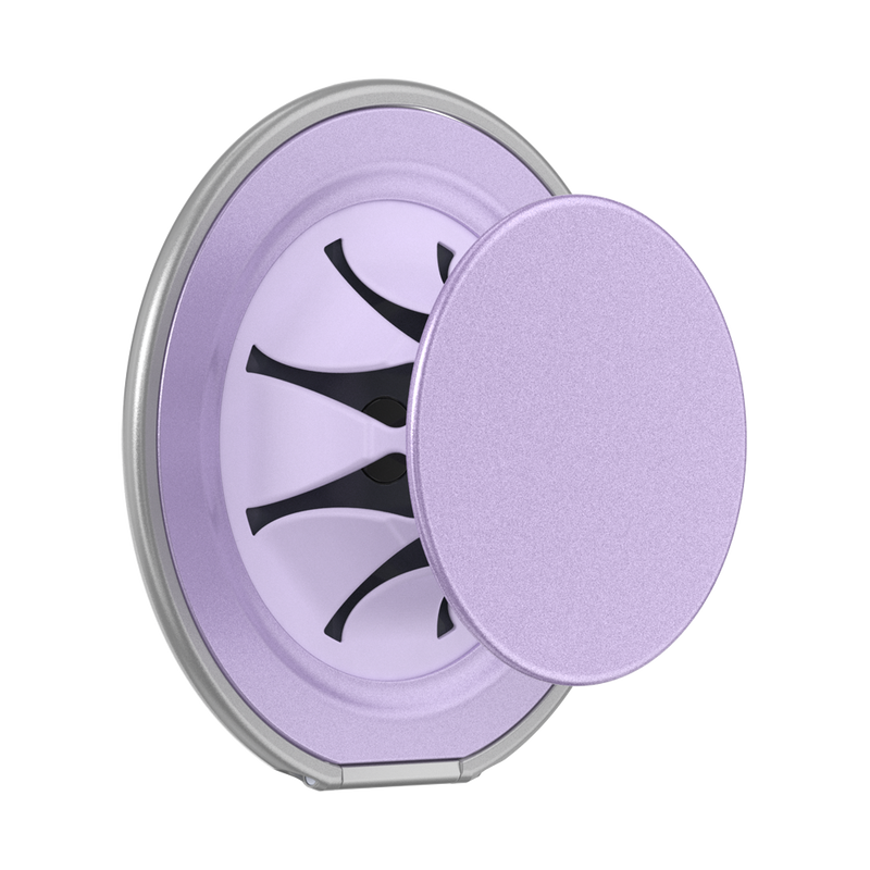 Lilac PopSockets Low-Pro MagSafe phone grip extended, showing its circular top and flexible grip from an angle.