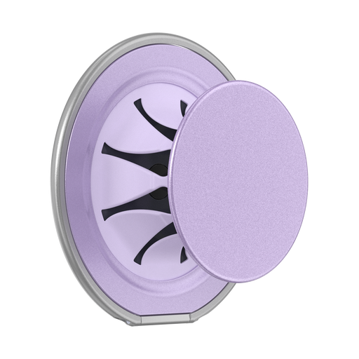 Lilac PopSockets Low-Pro MagSafe phone grip extended, showing its circular top and flexible grip from an angle.