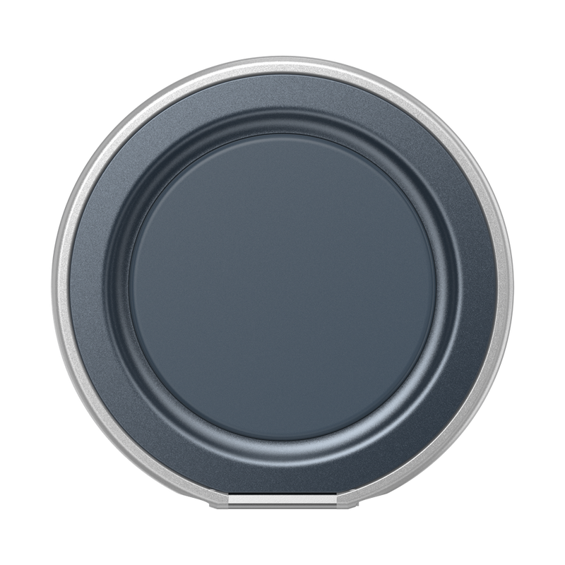 Front view of the navy PopSockets Low-Pro MagSafe grip collapsed flat with a silver outer rim.