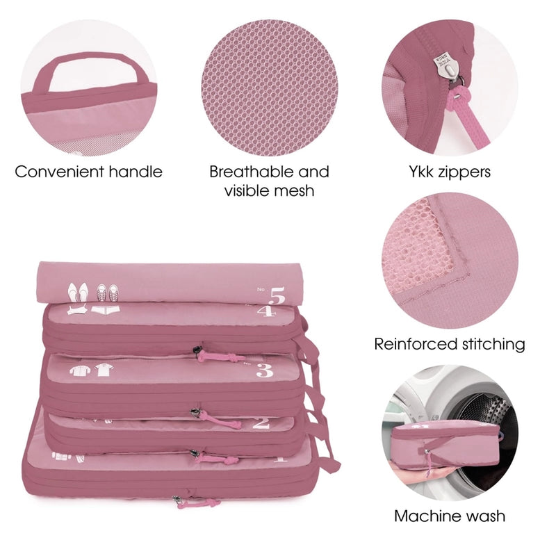 5-Set Compression Packing Cubes — Travel Organizer Bags for Suitcases