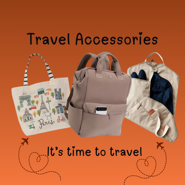 A travel accessories bundle featuring a beige backpack, a cream tote bag with a Paris illustration, a beige garment bag, and a small beige pouch, arranged on an orange background with the text 'Travel Accessories' and 'It's time to travel'.