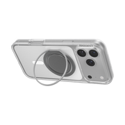 iPhone propped in landscape orientation with the Gunmetal Low-Pro kickstand ring opened upright.