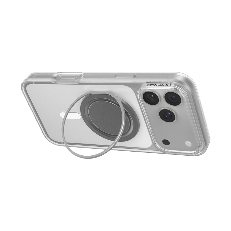 iPhone propped in landscape orientation with the Gunmetal Low-Pro kickstand ring opened upright.