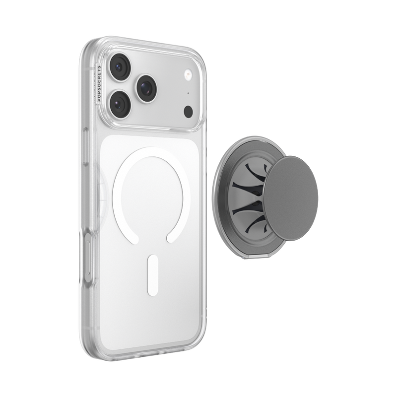 Extended Gunmetal PopSockets Low-Pro grip beside an iPhone in a clear MagSafe case.