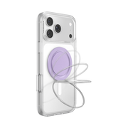 Lilac Low-Pro grip on a clear iPhone case, illustrating the kickstand ring in multiple positions.