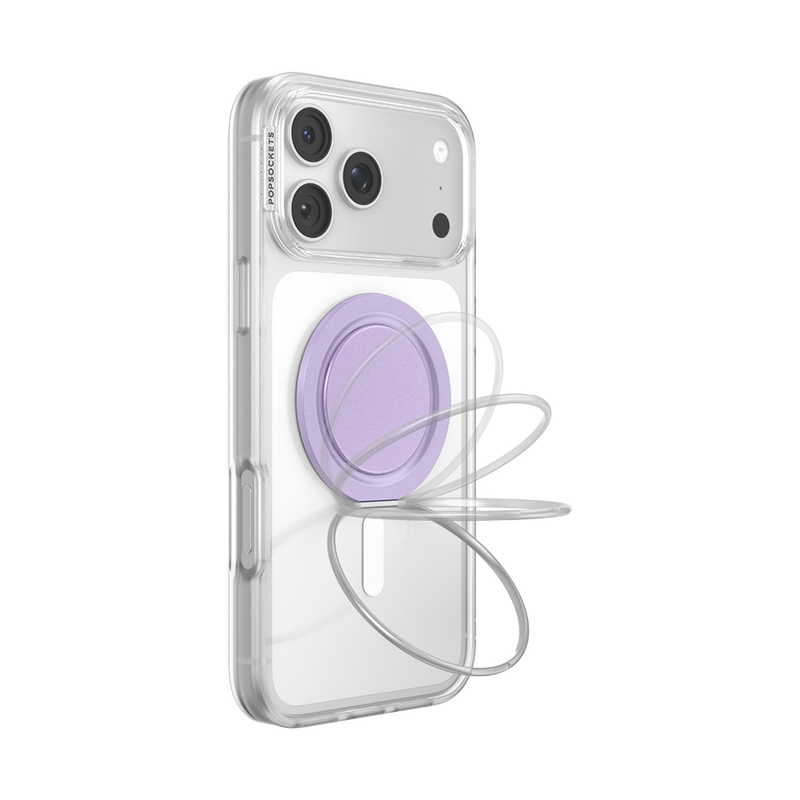 Lilac Low-Pro grip on a clear iPhone case, illustrating the kickstand ring in multiple positions.