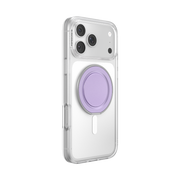 Angled rear view of a clear iPhone case with the Lilac Low-Pro phone grip collapsed.