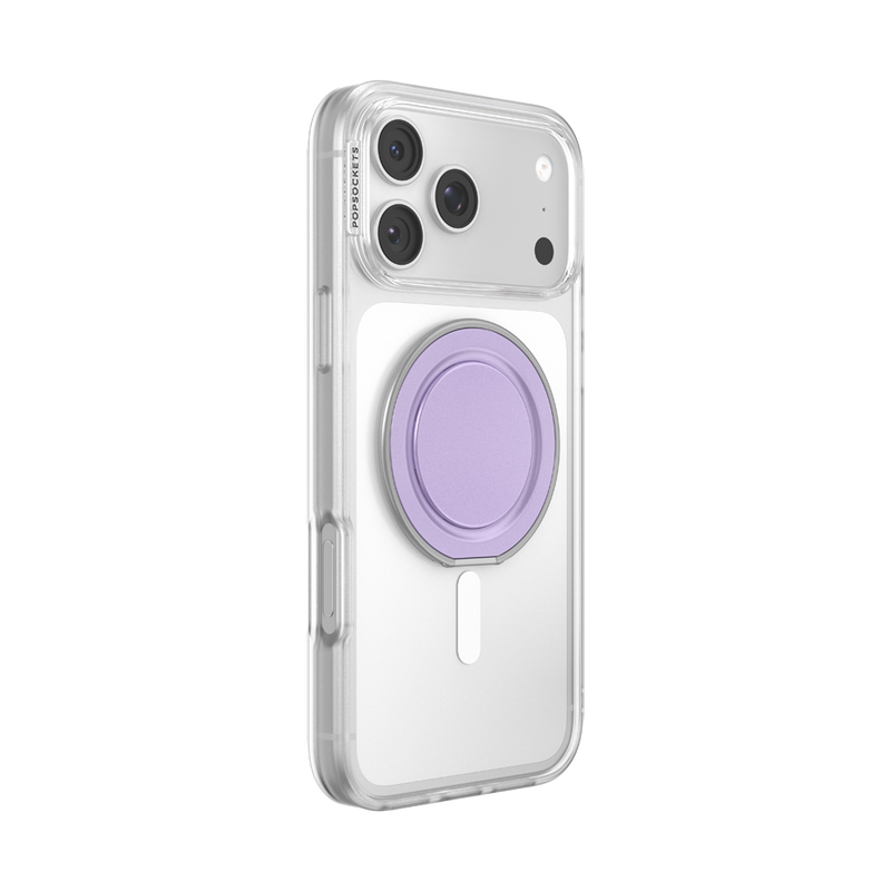 Angled rear view of a clear iPhone case with the Lilac Low-Pro phone grip collapsed.