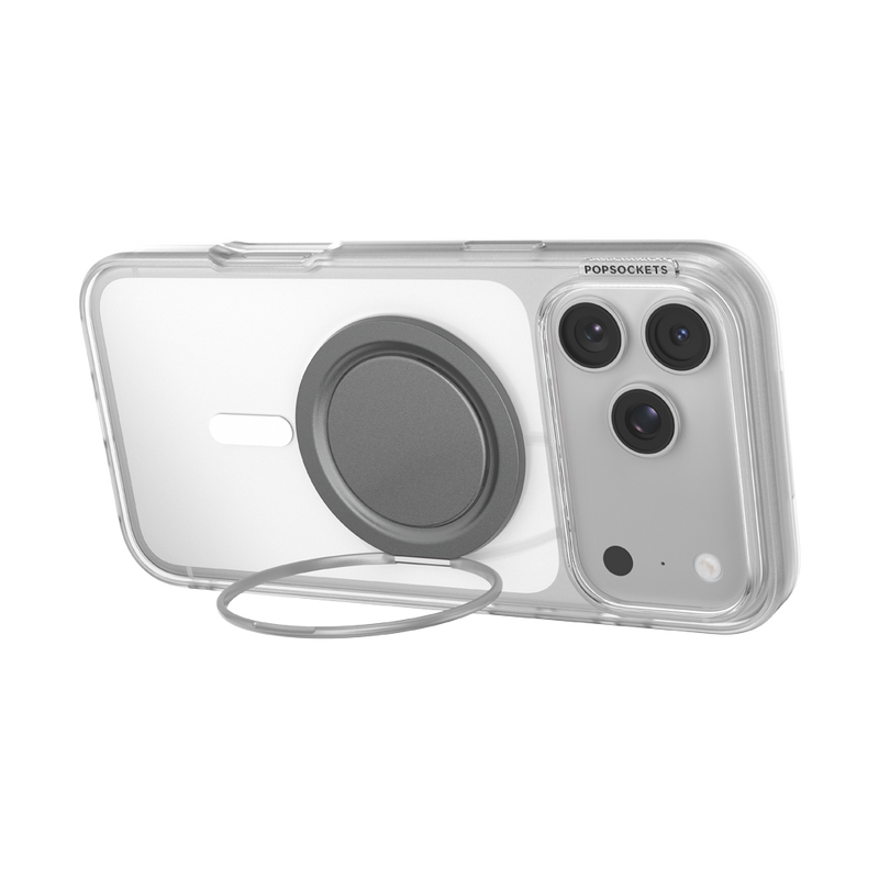 Rear view of an iPhone supported horizontally by the Gunmetal Low-Pro kickstand at a low angle.