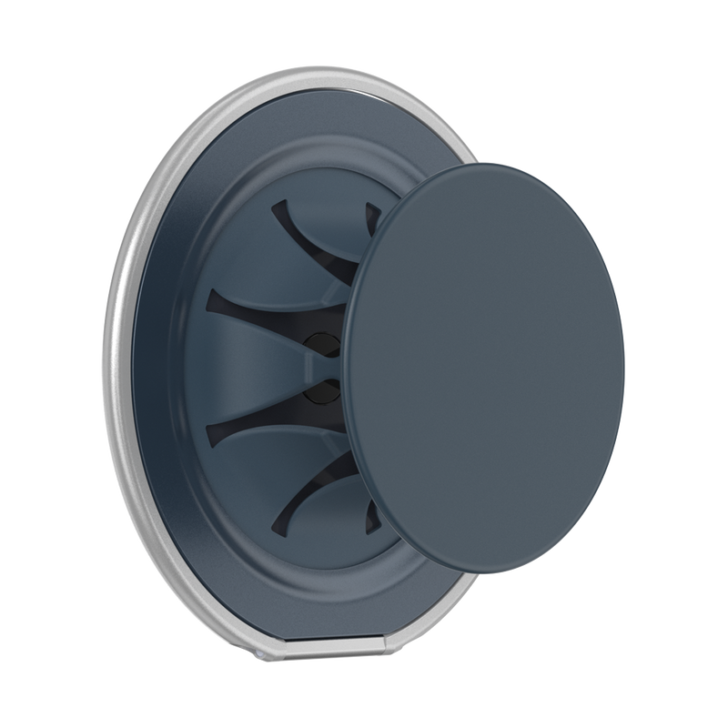 Navy PopSockets Low-Pro MagSafe phone grip expanded, showing the flexible grip and silver rim.